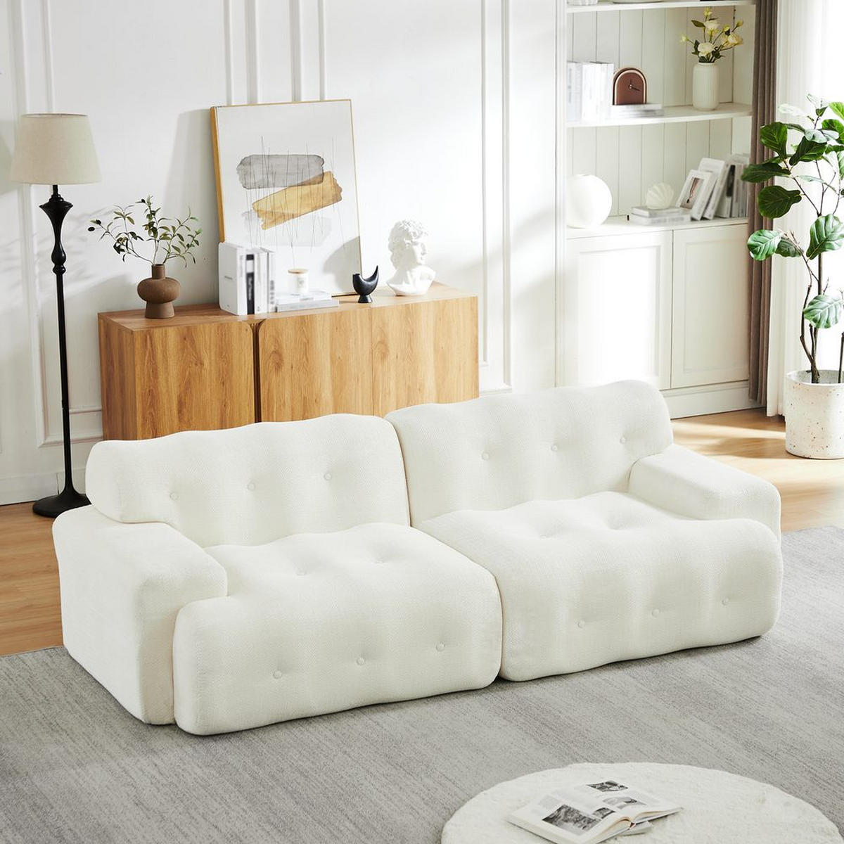 CLOUD-SOFA 2-SITZER, BREITE ARMLEHNEN, KNOPF-DESIGN - Beige, Textil (104/66/224cm)