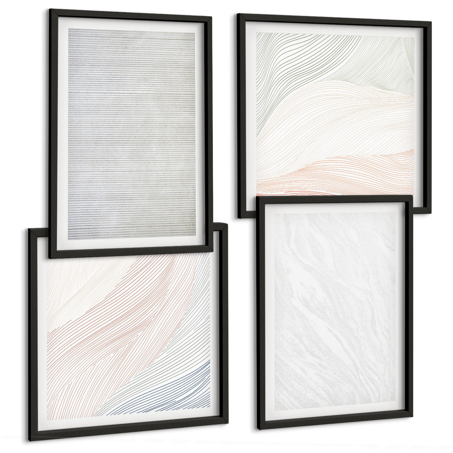 BILDER SET 4er Set - 50x50 cm & 40x60 cm Schwarzer Rahmen - Leuchtende Strukturen, Sandmuster - Schwarz, Kunststoff (50/50cm) - TULUP