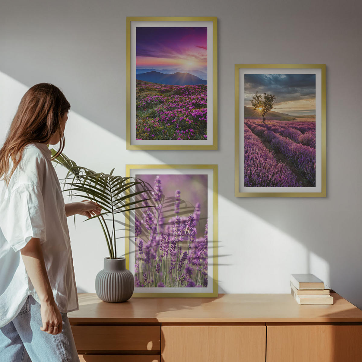 BILDER SET 3er Set - 40x60 cm Goldrahmen - Sonnenuntergang auf Lavendelfeldern - Goldfarben, Kunststoff (40/60cm) - TULUP