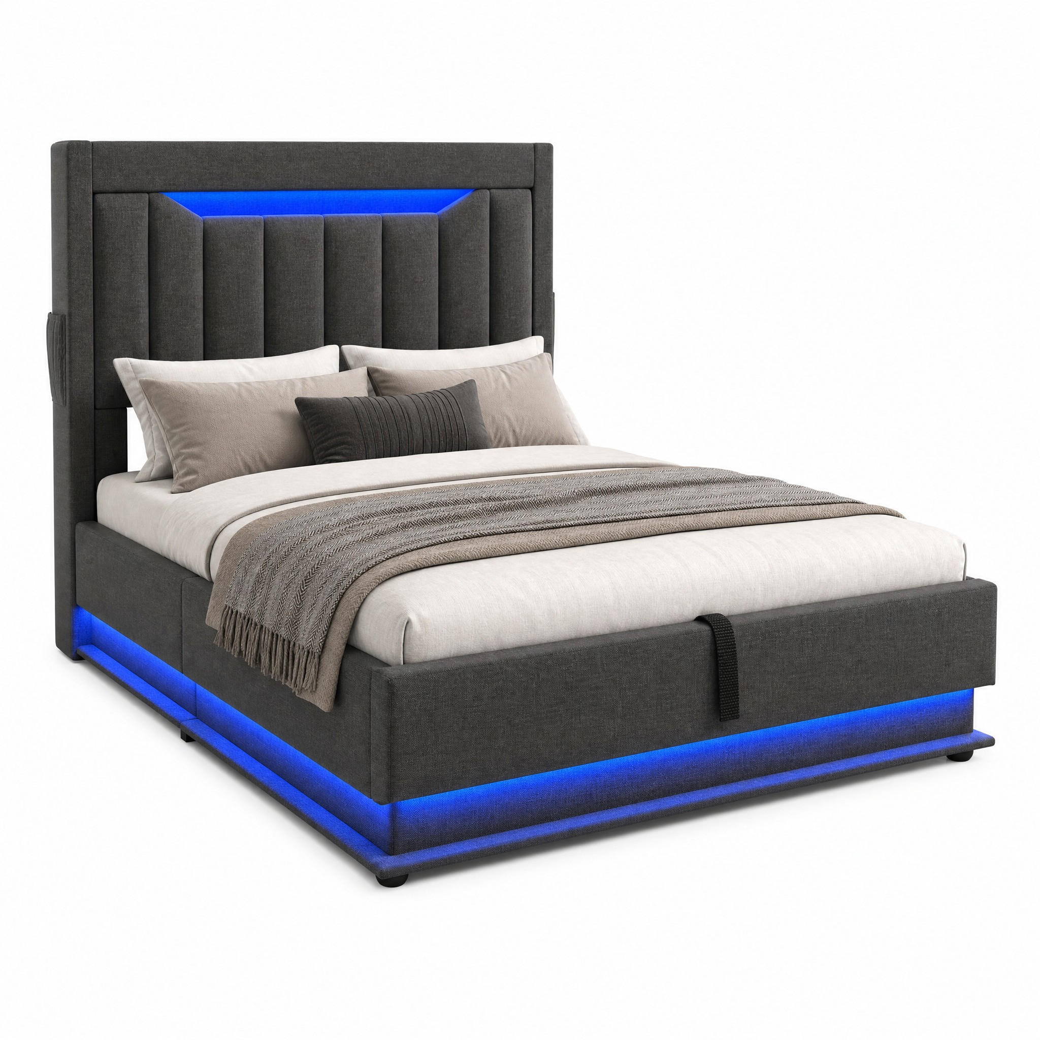POLSTERBETT mit Stauraum und LED 90x200 cm Leinen Grau - Grau, Metall (90/200cm) - Meubliv