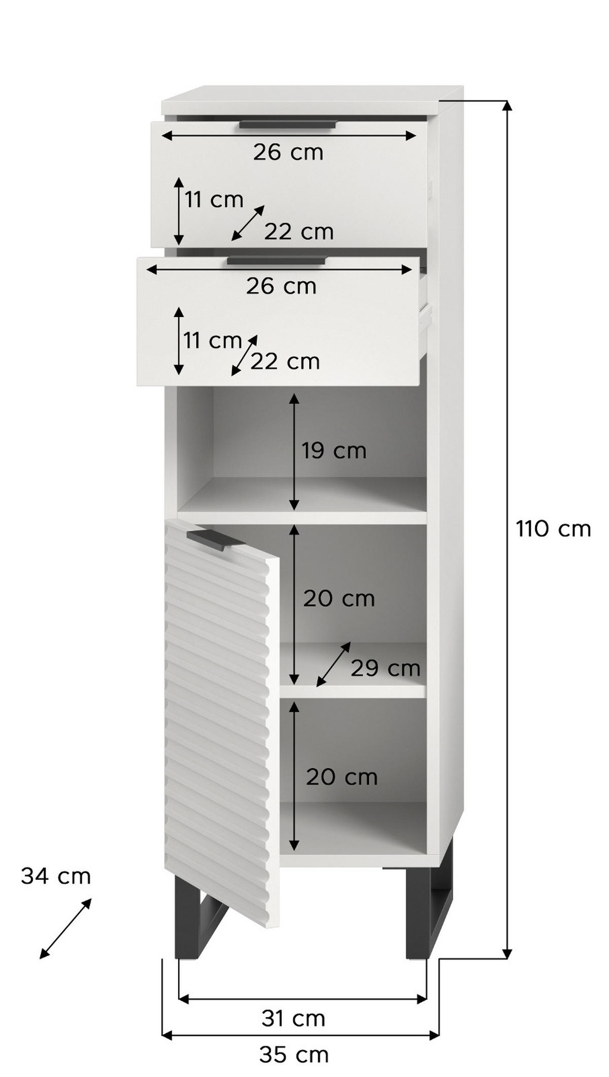BADKOMMODE weiß 35 cm, Badschrank mit Soft-Close - Schwarz/Weiß, Holzwerkstoff/Metall (35/110/34cm) - Inn.Furn