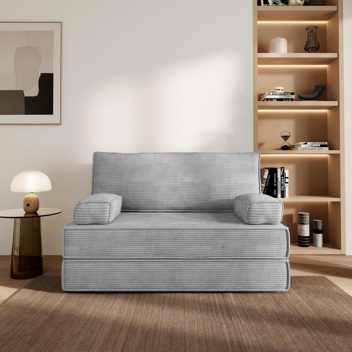 BETTSOFA LADIA aus Schaumstoff Cordstoff Hellgrau Schlaffunktion - Hellgrau, Textil (140/86/60cm) - MASSENO