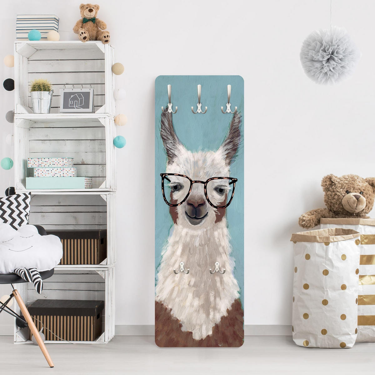 WANDGARDEROBE - Lama mit Brille II 34/105 cm - Blau, Holzwerkstoff (34/105/1.6cm) - Bilderwelten
