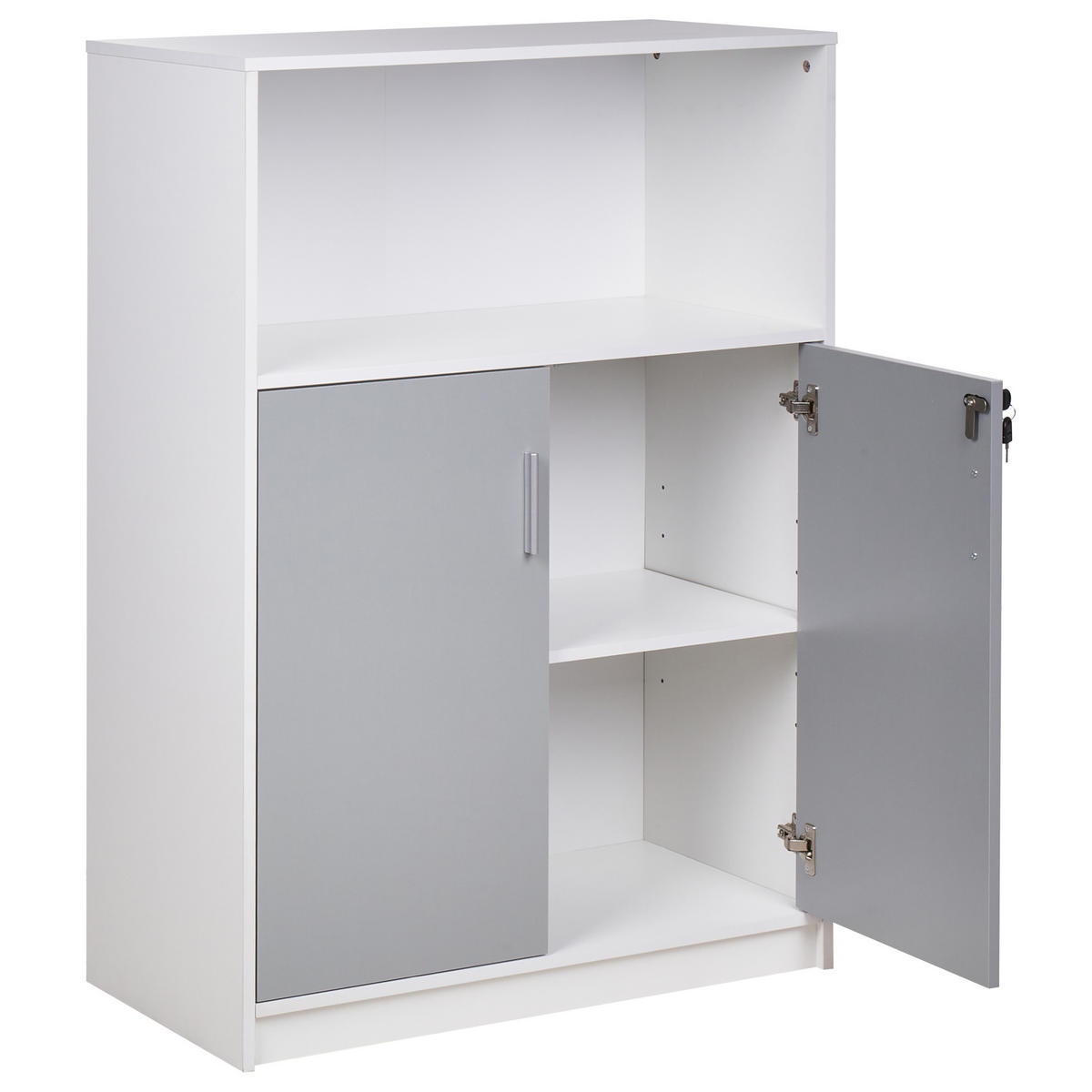 AKTENSCHRANK hellgrau/weiß 117 cm 2 Türen offenes Ablagefach Zehna - Weiß/Grau, Holzwerkstoff (80/117/40cm) - Beliani