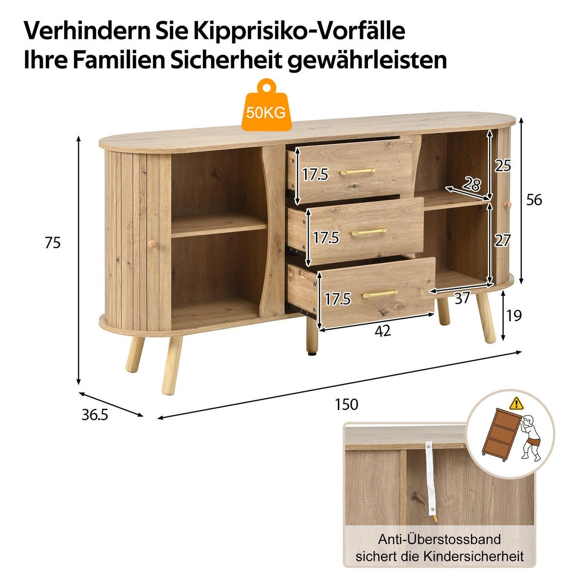 SIDEBOARD Holzoptik Schiebetüren Schubladen Skandi modern - Naturfarben, Holzwerkstoff (36.5/75/150cm) - FLIEKS