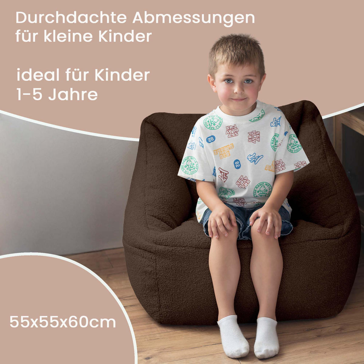 SITZSACK-SESSEL Bambino 55/60/55 cm, weicher Bouclé 315 g/m², mit Griff & Seitentasche, Dunkelbraun - Dunkelbraun, Textil (55/55/60cm) - Dreamroots