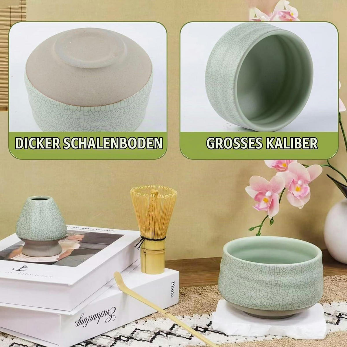 MATCHA Set 4-teiliges Set Grüne Risse - Grün, Keramik (12.8/11/14cm)