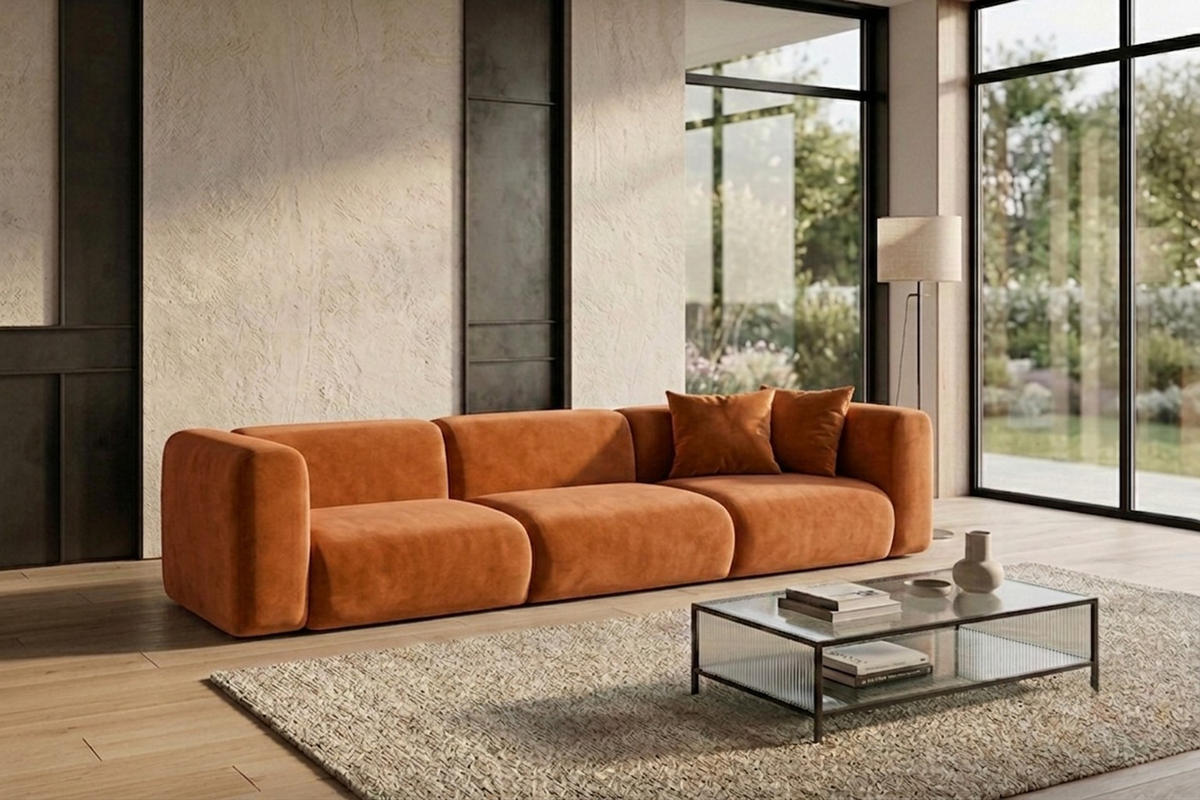 SOFA 3-Sitzer, Velvet-Stoff Bluvel, Zimtfarbe, GRETA - Orange, Holz (319/70/89cm) - Kaiser Möbel