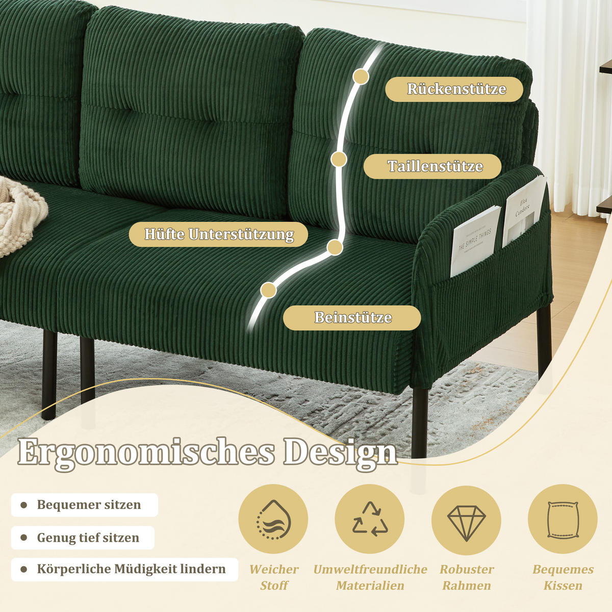 3-SITZER Sofa mit Seitentaschen, Metallgestell & Leinenstoff, 171cm, Grün - Schwarz/Grün, Textil/Metall (171/80/72cm) - LVHOM