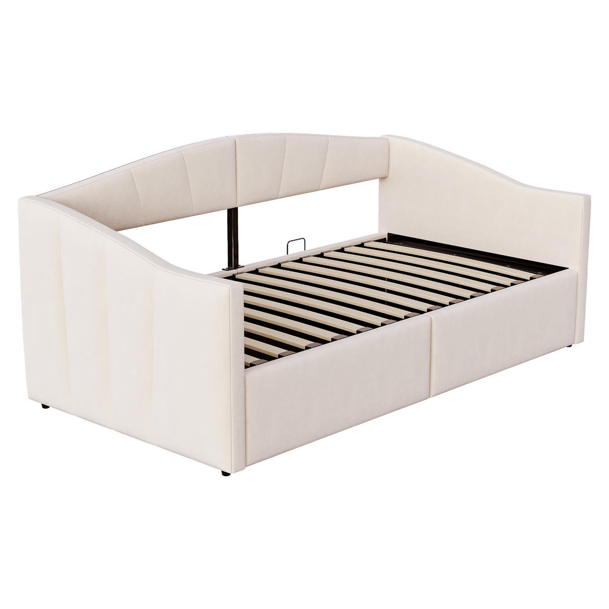 POLSTERBETT 90/200 cm in Beige Samt mit Bettkasten und Armlehnen - Beige, Holzwerkstoff/Textil (90/200cm) - CHICFURN