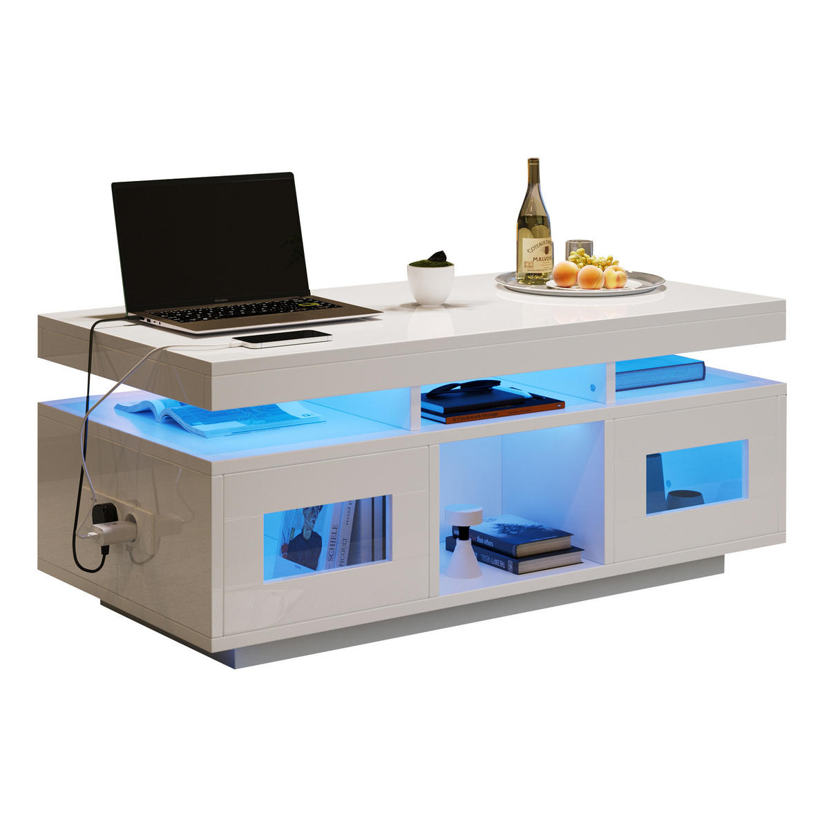 KLUB stolić 100/50/43 cm bijeli od iverice s LED rasvjetom i utičnicom za punjenje - bijela, drvni materijal (100/50/43cm) - OKWISH