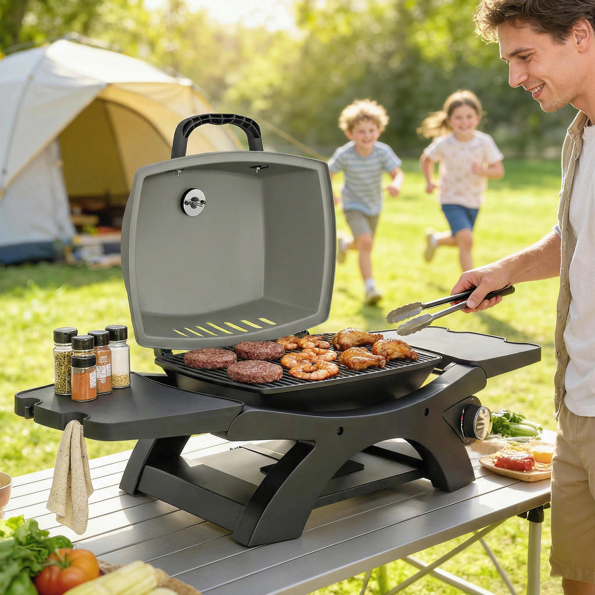 GASGRILL Stahl Schwarz - Schwarz, Kunststoff/Metall (48/38/102cm) - Outsunny