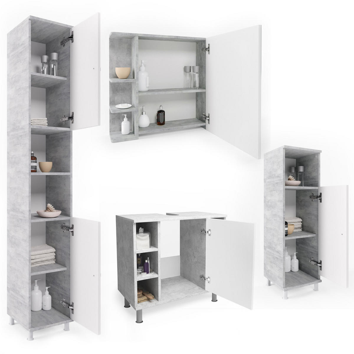 BADMÖBEL-SET Fynn Beton 4 Teile - Schieferfarben/Weiß, Holzwerkstoff (60/54/32cm) - Vicco