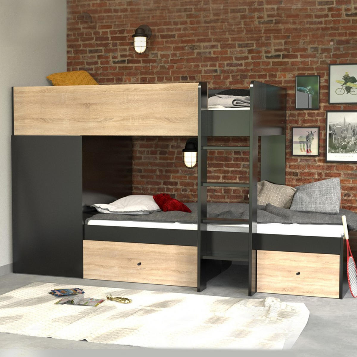 ETAGENBETT TWIN / 90x190 - Schwarz und Gebleichte Eiche Dekor - Multicolor, Holzwerkstoff (90/190cm) - Weber Industries