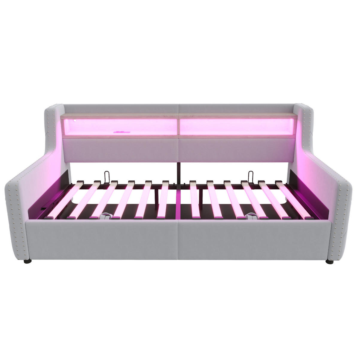 POLSTERBETT 90/200 cm aus Samt mit LED-Beleuchtung, Stauraum, USB- und Typ-C-Anschluss, Hellgrau - Hellgrau, Textil (90/200cm) - Redom
