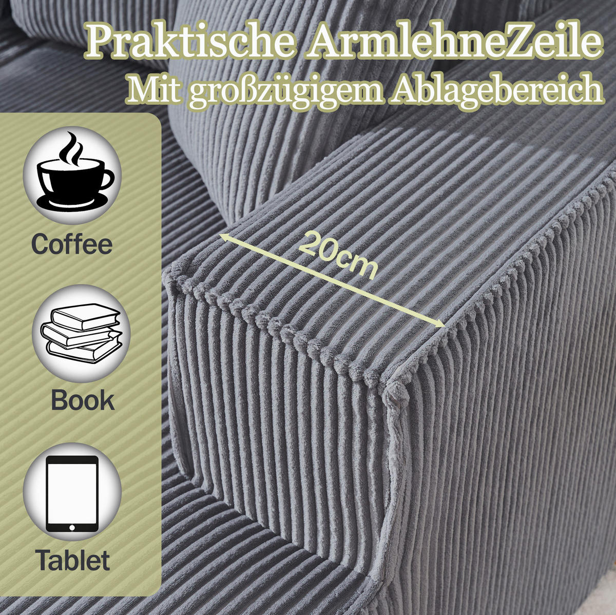 ECKSOFA 235/128/60 cm grau aus Cordstoff modular mit Chaiselongue - Grau, Textil (128/235cm) - OKWISH