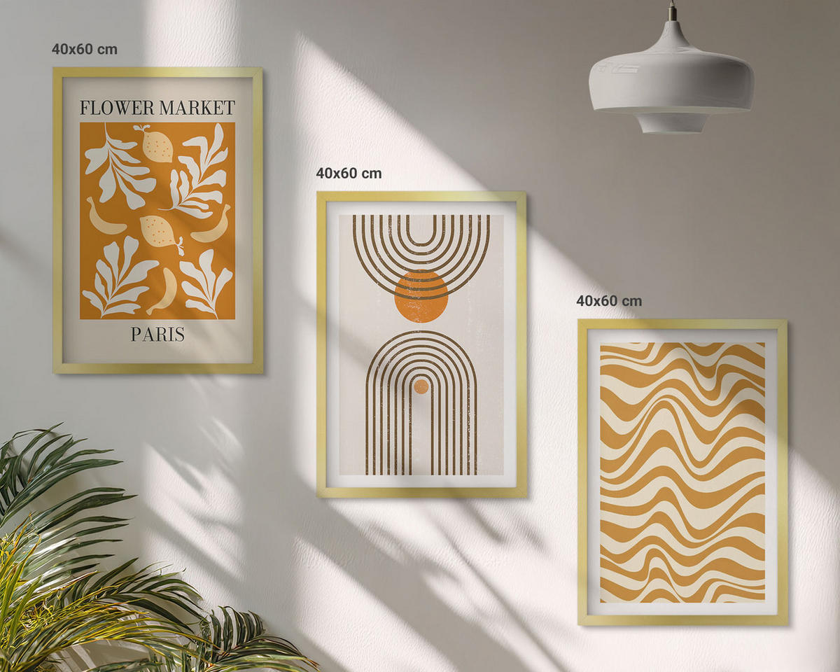 WANDBILDER 3er Set - 40x60 cm Goldrahmen - Poster mit geometrischen Pflanzenmustern - Goldfarben, Kunststoff (40/60cm) - ArtPrintCave