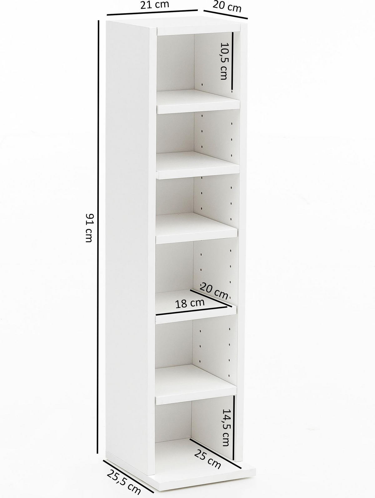 WANDREGAL – 6 Fächer, weiß, schmal, freistehend, 21x91x25,5 cm - Weiß, Holz (21/91/20cm) - KADIMA DESIGN