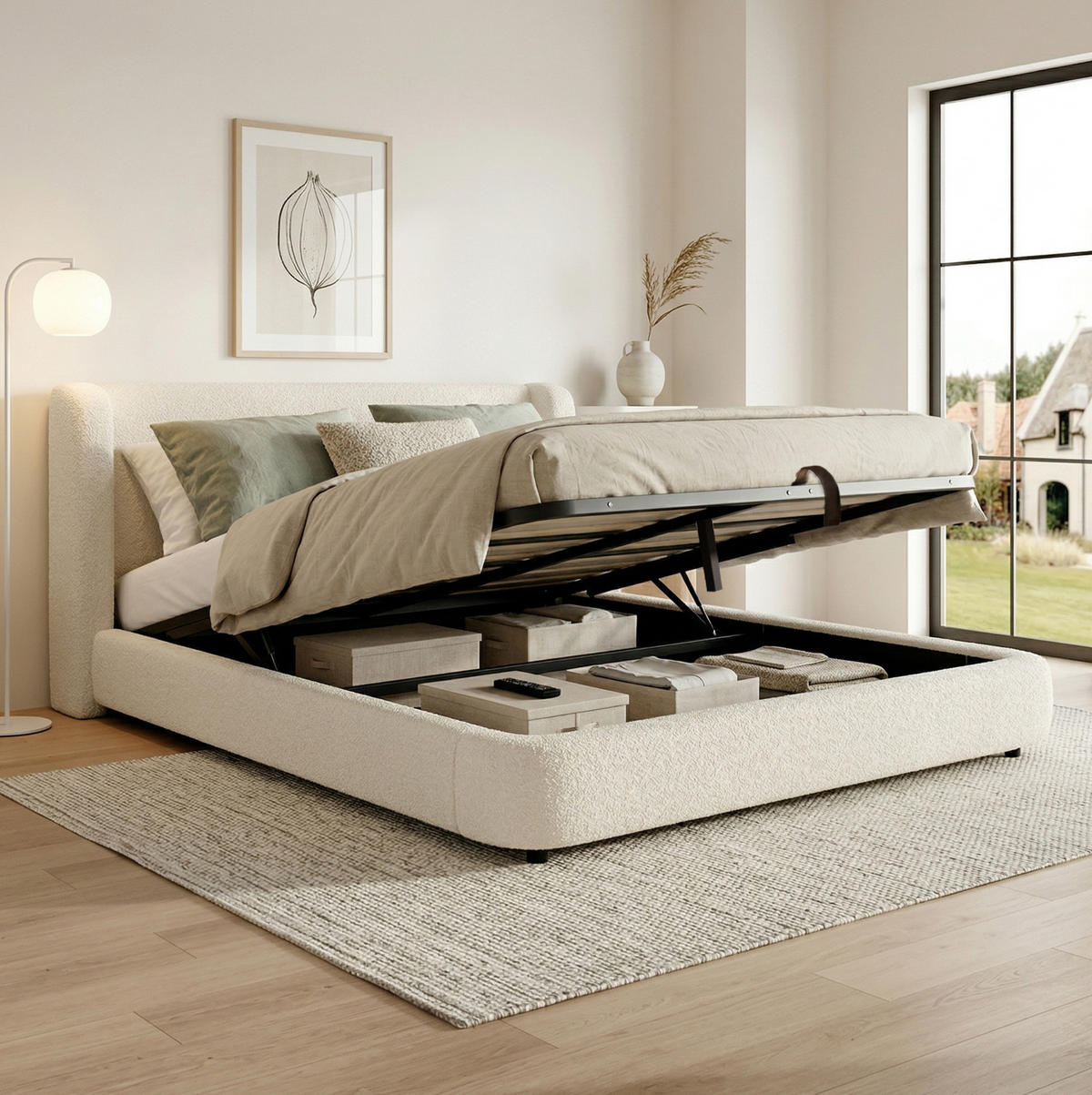 BETT mit Stauraum und Lattenrost Bouclé Beige - Beige, Metall (180/200cm) - Meubliv