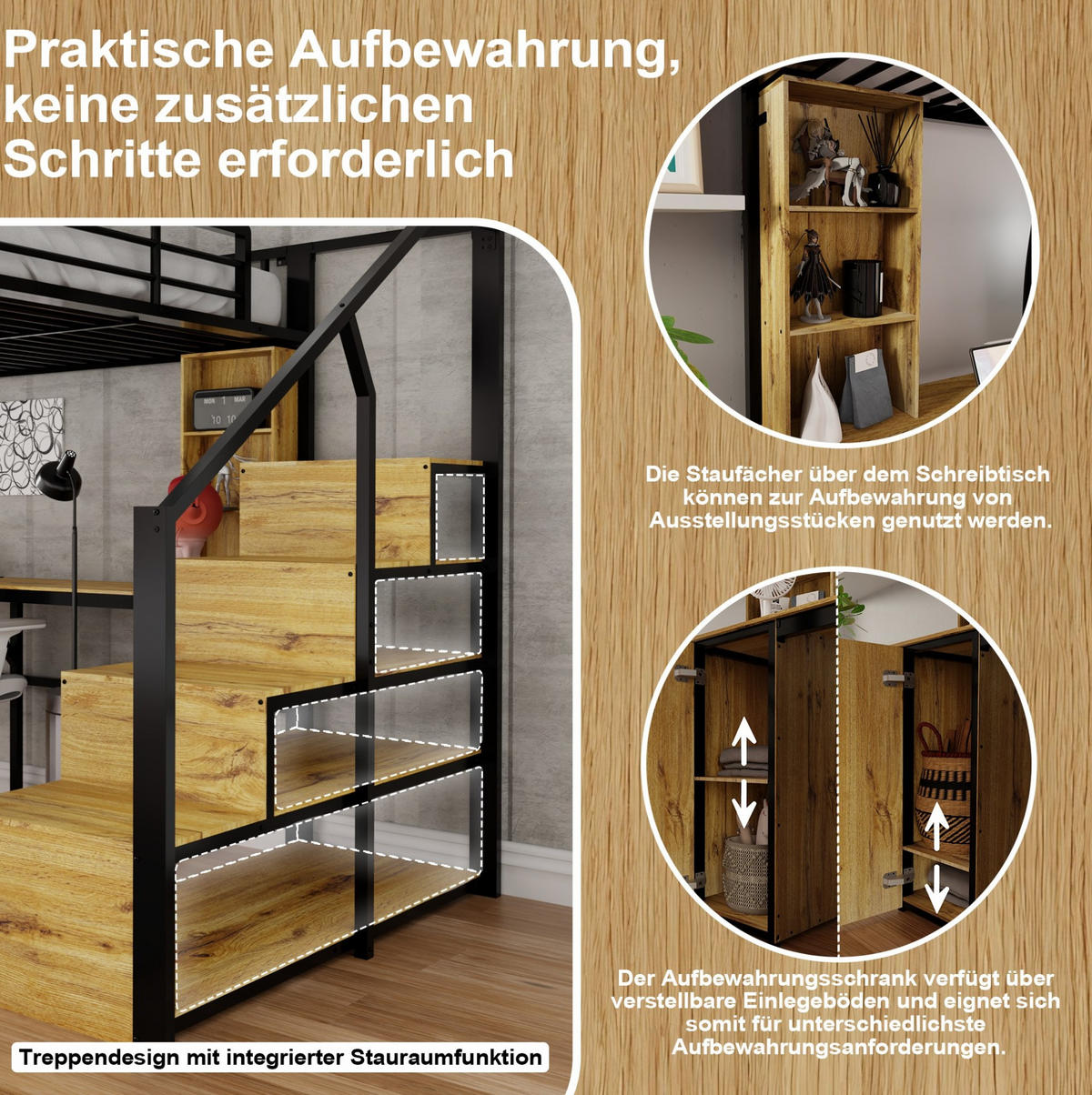 HOCHBETT Metall/MDF 140x200 cm Schwarz mit Schreibtisch, Schrank, Stauraumtreppe und USB-Anschluss - Schwarz, Metall (140/200cm) - Modfu
