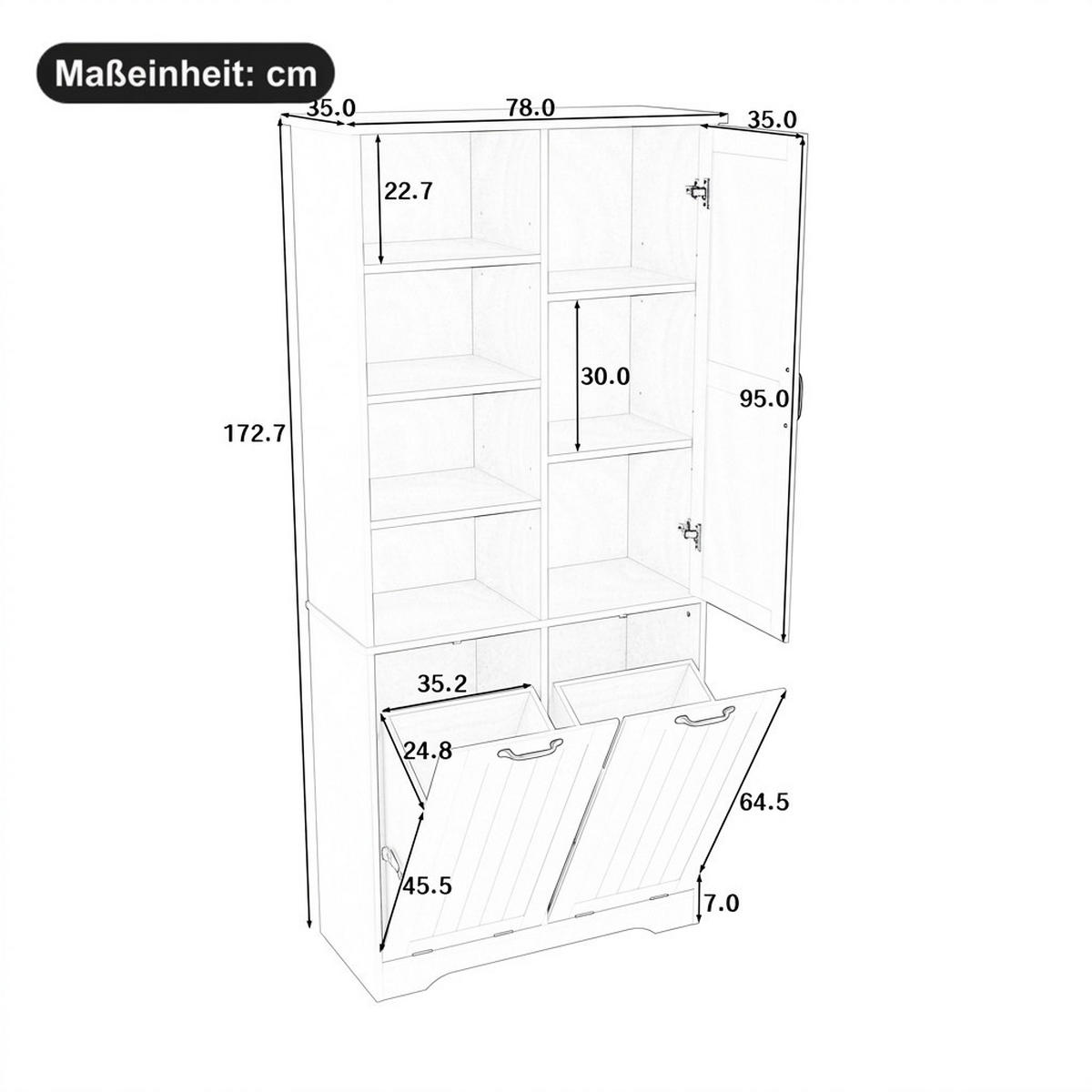 HOCHSCHRANK 78/35/172.7 cm Schwarz mit doppelter Wäschekorb und 4 offene Fächer - Schwarz, Holz/Holzwerkstoff (35/172.7/78cm) - Oxeza