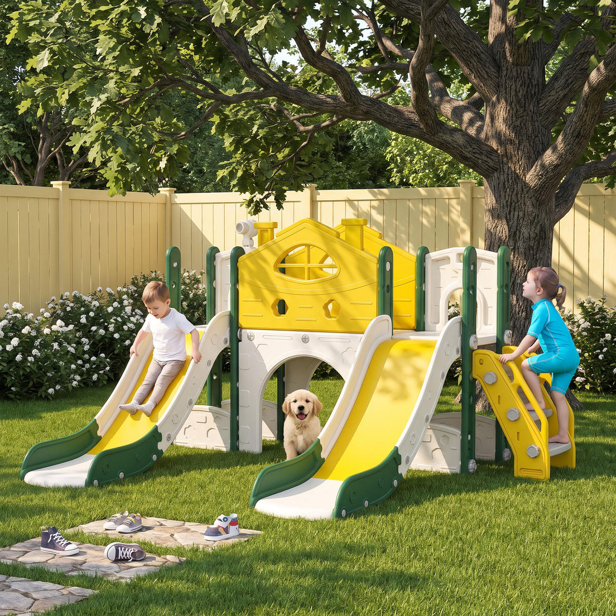 KINDERRUTSCHE 7 in 1 Indoor und Outdoor Babyrutsche mit schieber, Gelb - Gelb, Kunststoff (166/96/203cm) - GENKI LIVING