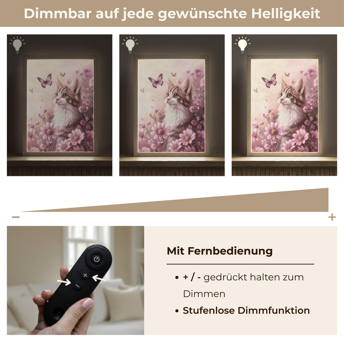 NACHTTISCHLAMPE MIT AKKU Kätzchen - Blumen - Schmetterlinge - Lila 30x40 cm - Altrosa, Holzwerkstoff (8/30/40cm) - OnlyWow