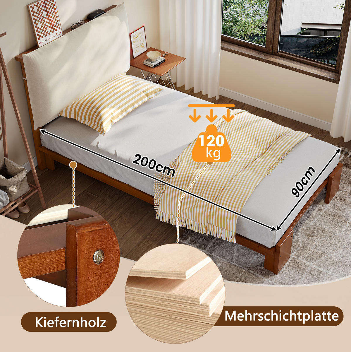 ČALOUNĚNÁ postel 90/200 cm tmavě hnědá ze dřeva a tkaniny s opěrkou a lamelovým roštem - hnědá, textil (90/200cm) - OKWISH