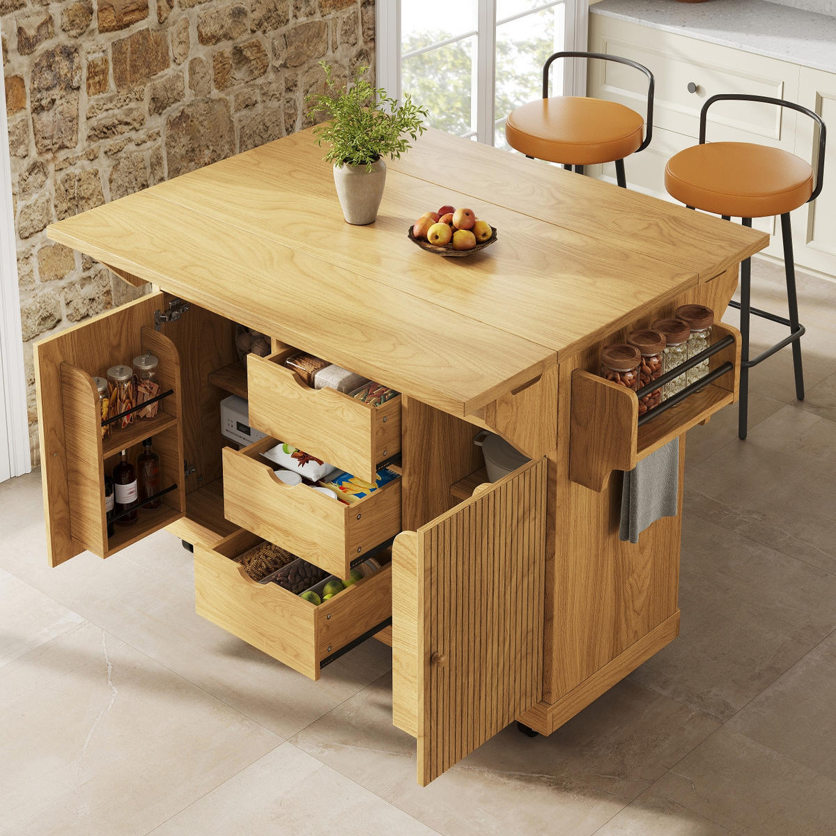 KÜCHENINSEL, AUSKLAPPBARE TISCHVERLÄNGERUNGEN, MDF Naturbraun, Küche, 142,5/80/95 cm - Braun, Holzwerkstoff (80/95/142.5cm) - Rolipo