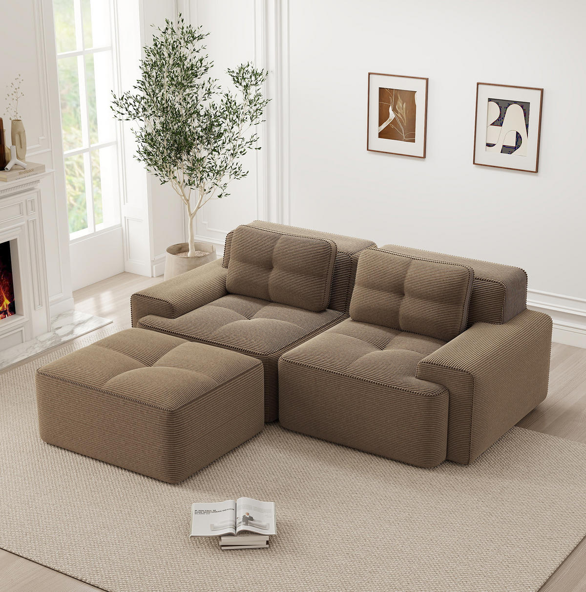 ECKSOFA 204/104/69 cm braun aus Cord mit Tiefsitz, Ottomane und boneless Design - Braun, Textil (177/204cm) - OKWISH