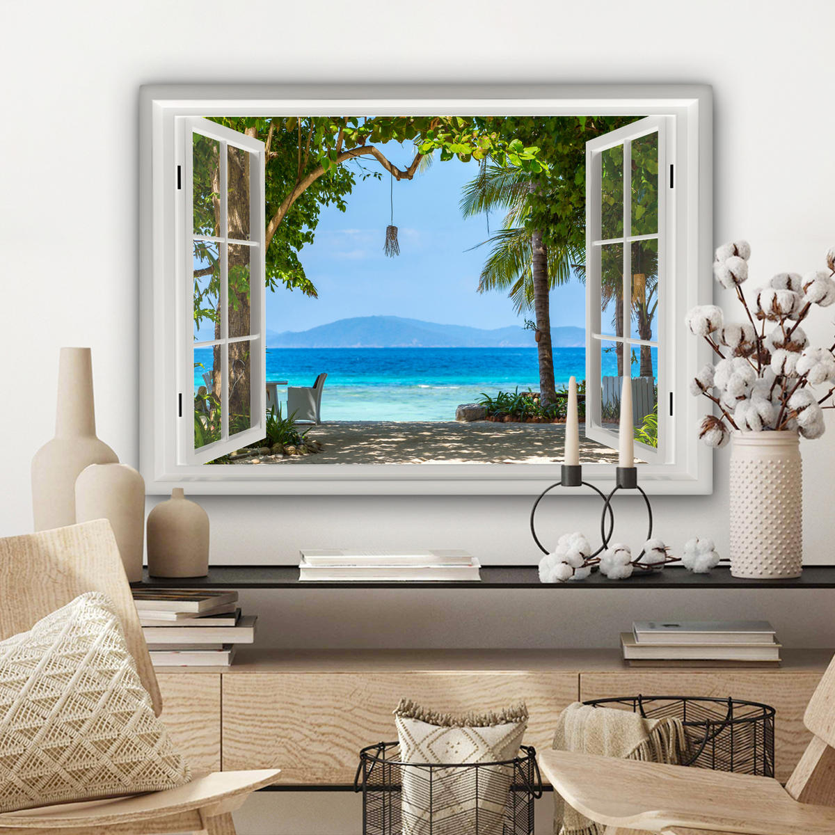 LEINWANDBILD Aussicht - Baum - Meer - Palme - Hügel - Strand - Blau Wandbilder 80x60 cm - Blau, Textil (80/60cm) - MuchoWow