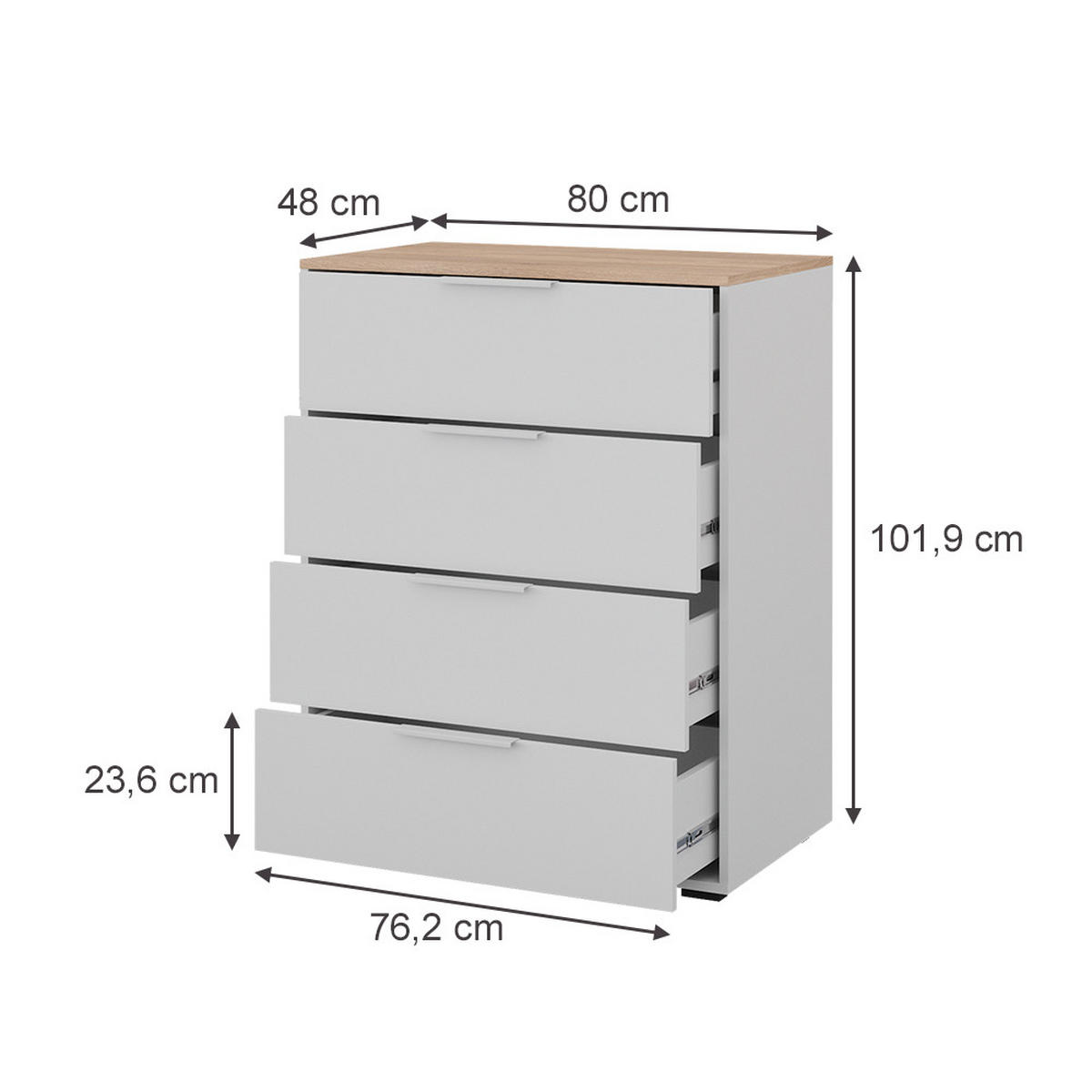 KOMMODE Betti Weiß/Sonoma 120 x 83.6 cm mit 4x Schublade - Weiß/Sonoma Eiche, Holzwerkstoff (30/83.6/120cm) - Vicco
