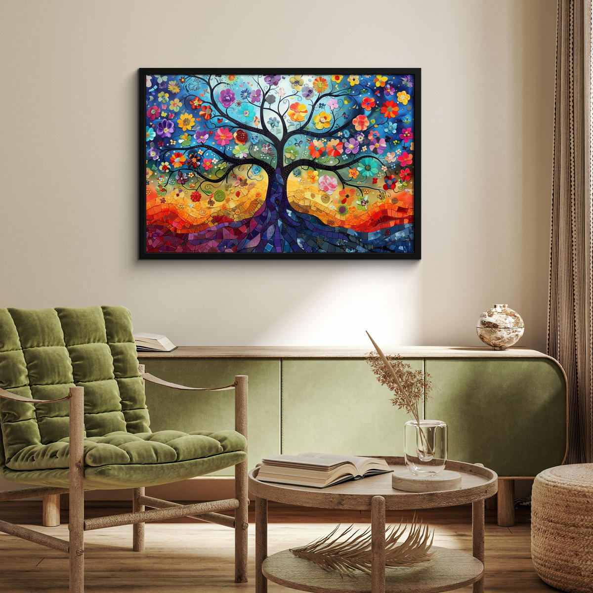 POSTER MIT RAHMEN Kunst - Baum des Lebens - Blumen - Hippie 90x60 cm - Dunkelblau, Papier (90/60cm) - MuchoWow