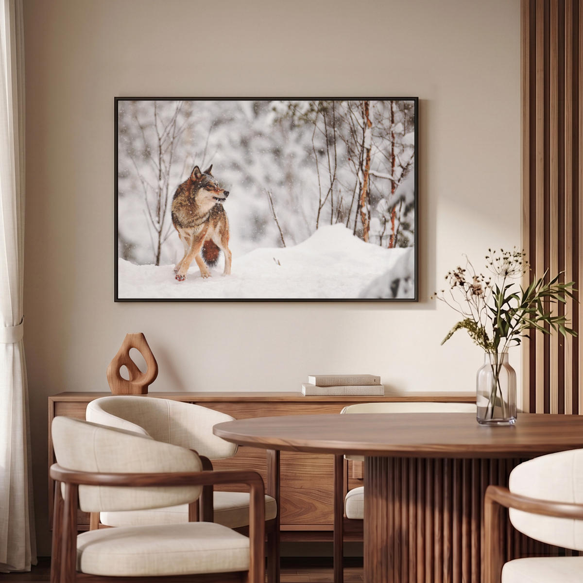 LEINWAND Bilder mit Rahmen - Wolf - Winter - Schnee - Natur - Tiere - 90x60 - Haselnussfarben, Textil (90/60cm) - MuchoWow