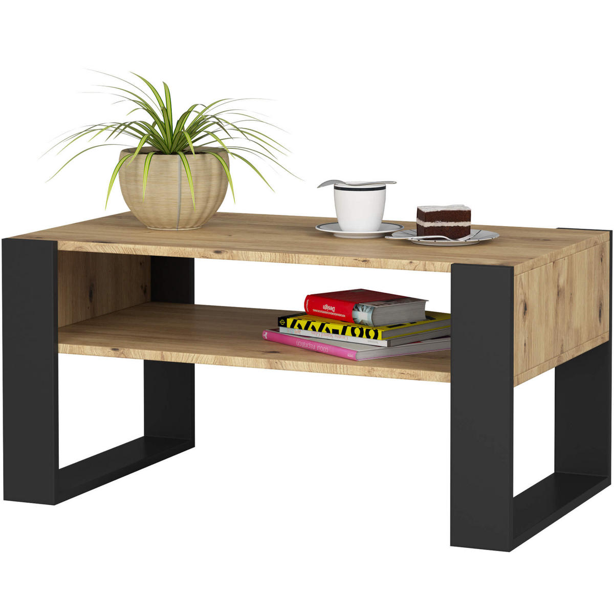 COUCHTISCH Eiche Artisan, Schwarz 92 x 45 x 53 cm - Schwarz/Eiche Artisan, Holzwerkstoff (53/92/45cm) - Akord