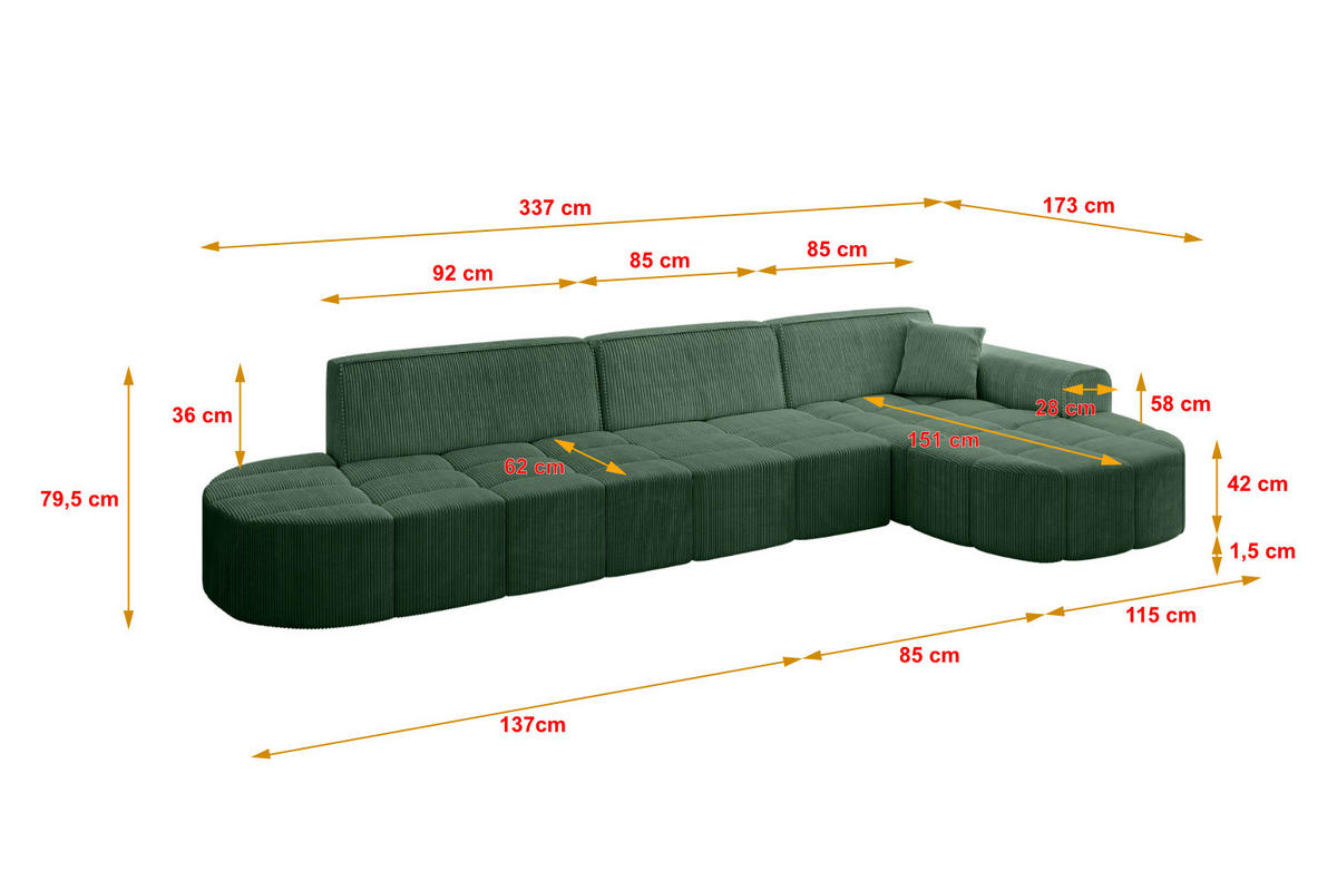 ECKSOFA Ottomane Links LIVO-L2 - 337x173x79,5 cm Braun - Braun, Holzwerkstoff/Textil (337/173cm) - ALTDECOR