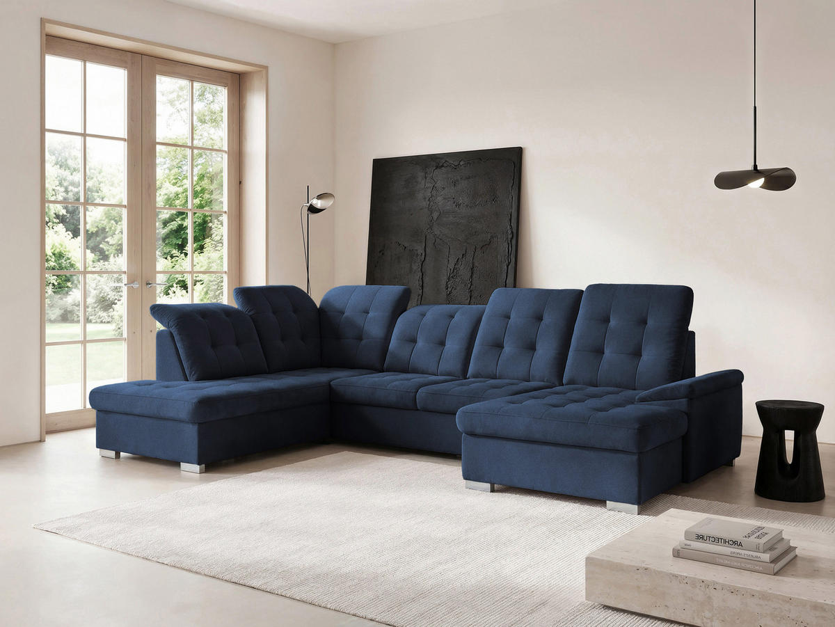 WOHNLANDSCHAFT ANON Ottomane Links, mit Schlaffunktion und Bettkasten, Dunkelblau - Dunkelblau, Kunststoff/Textil (322/87/220cm) - Idohome