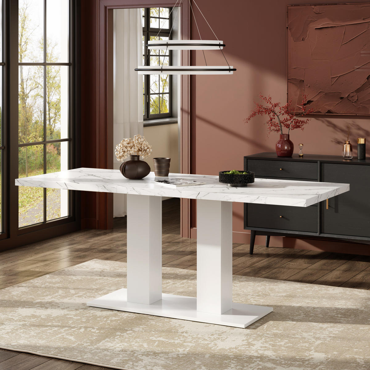JÍDELNÍ stůl 140/180/70 cm bílý z MDF s rozkládací deskou a dvojitou podnoží - bílá, kompozitní dřevo (180/70/75cm) - OKWISH