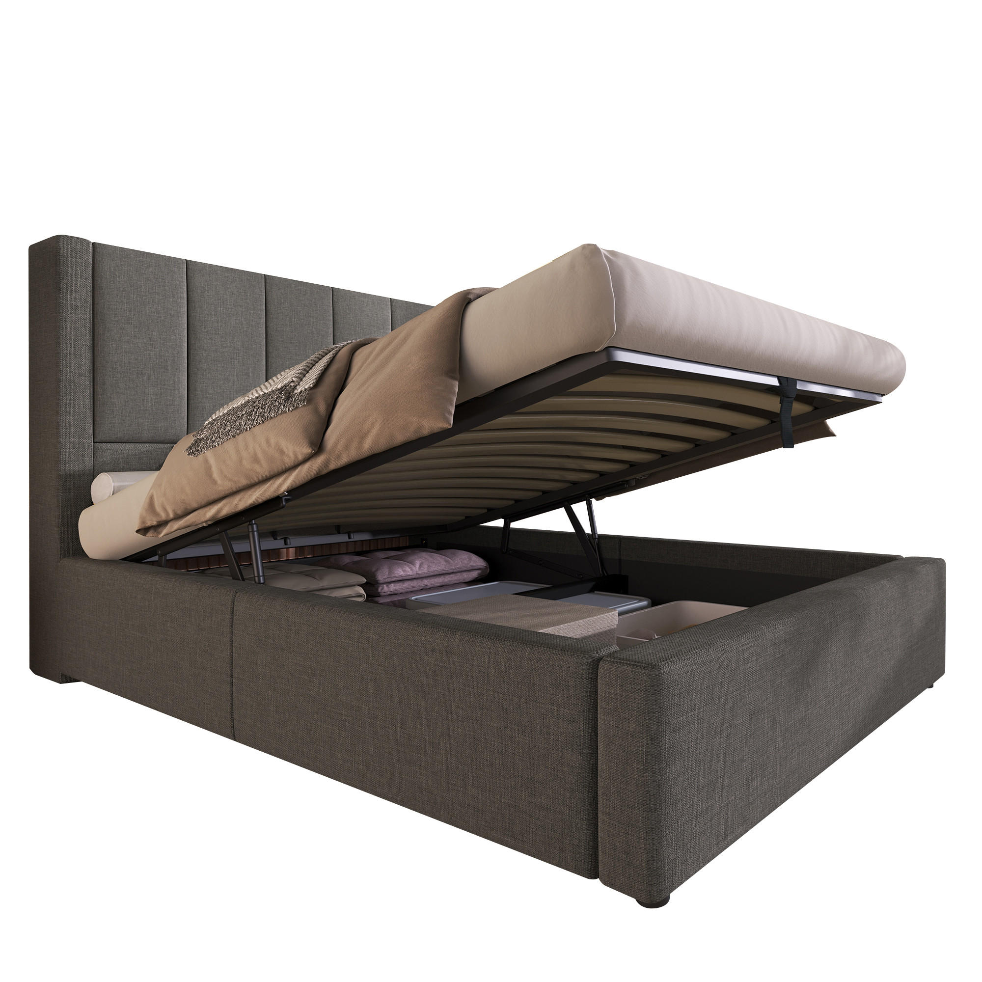 POLSTERBETT 90/200 cm mit Ladestation, verstecktem Becherhalter und hydraulischem Stauraum, Leinen, Grau - Grau, Textil (90/200cm) - Redom