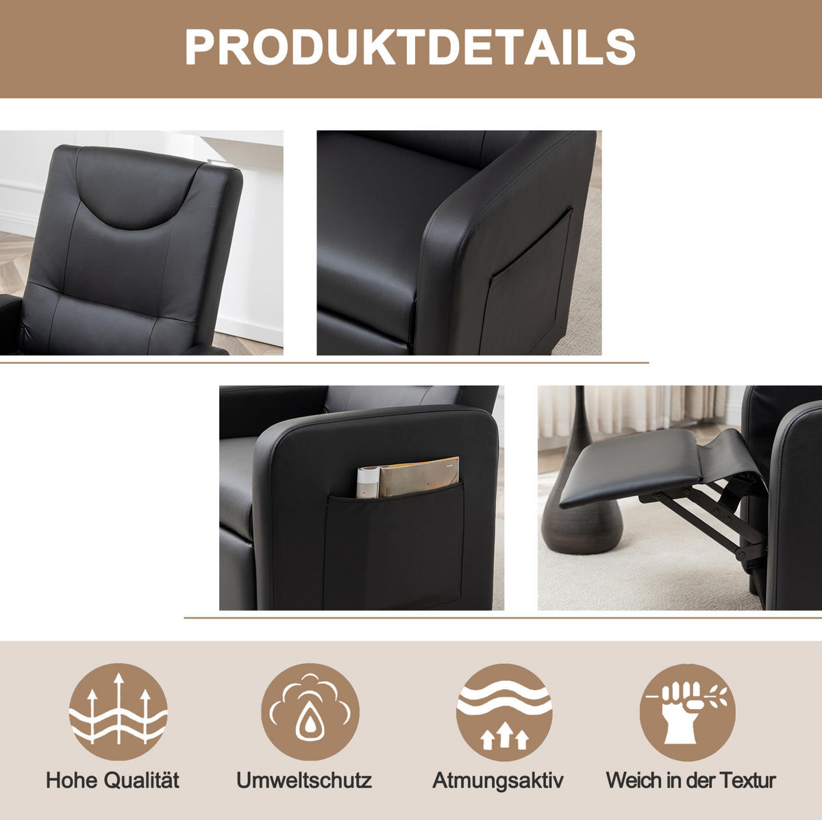 RELAXSESSEL PU mit verstellbarer Rückenlehne, klappbarer Fußstütze 76,5/67,5/95,5 cm Schwarz - Schwarz, Kunststoff (67.5/95.5/76.5cm) - Redom