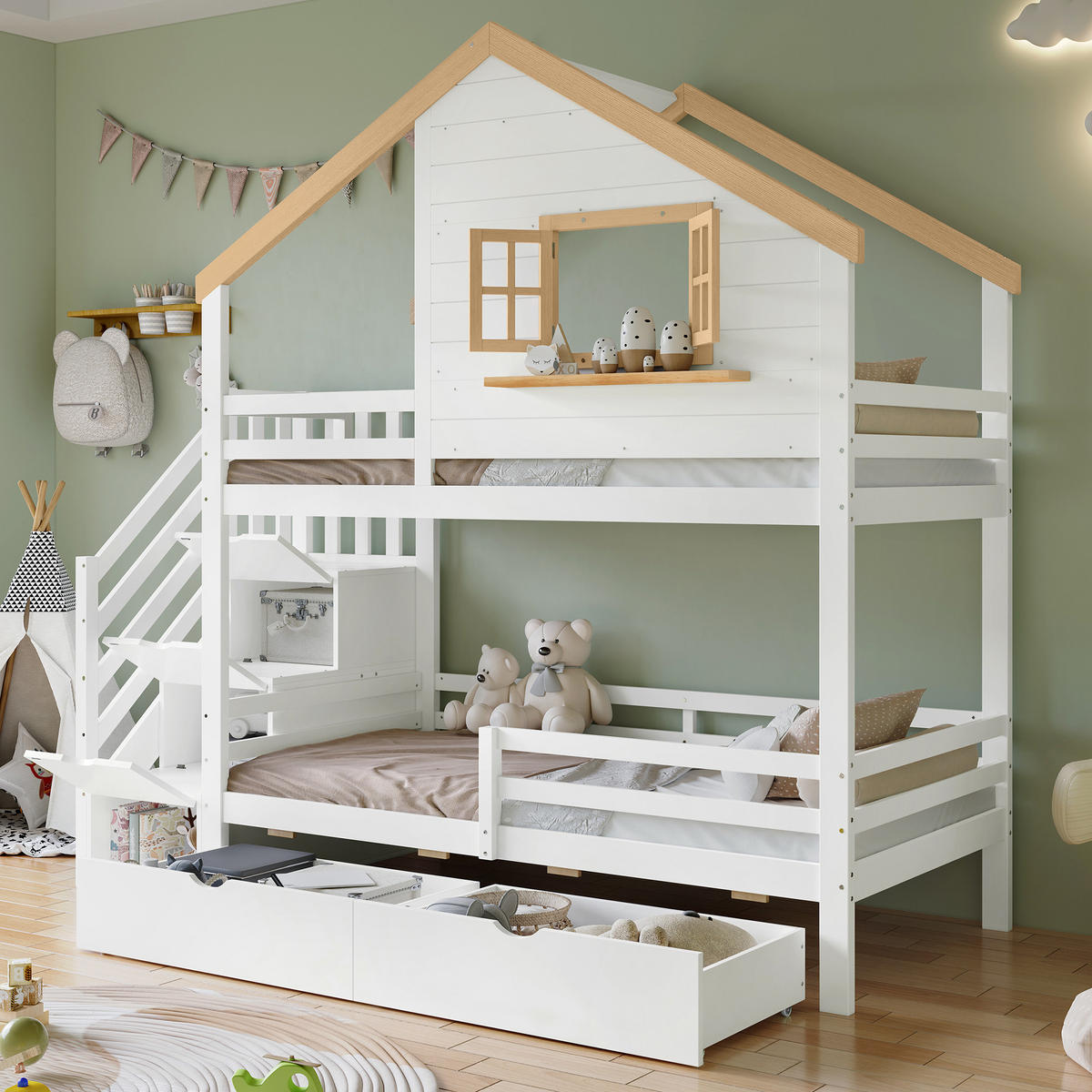 ETAGENBETT 90x200 cm Haus Treppe weiß - Weiß, Holz (90/200cm) - LEBENLANG