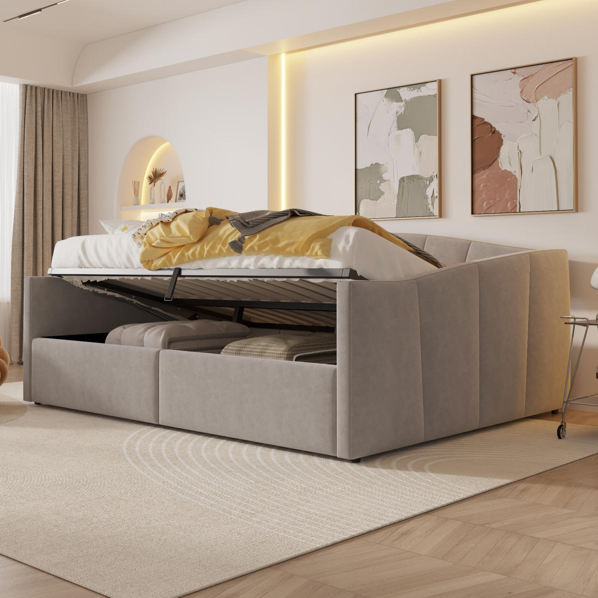 BETT 140/200 cm mit hydraulischer Lagerung und Lattenrost Hellgrau - Hellgrau, Leder (140/200cm) - OKWISH