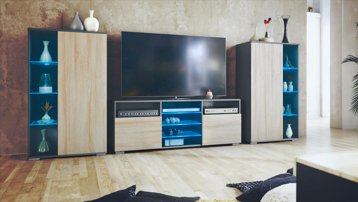 WOHNWAND Davos Eiche sägerau - Eiche San Remo, Holzwerkstoff (329/134/35cm) - Vladon