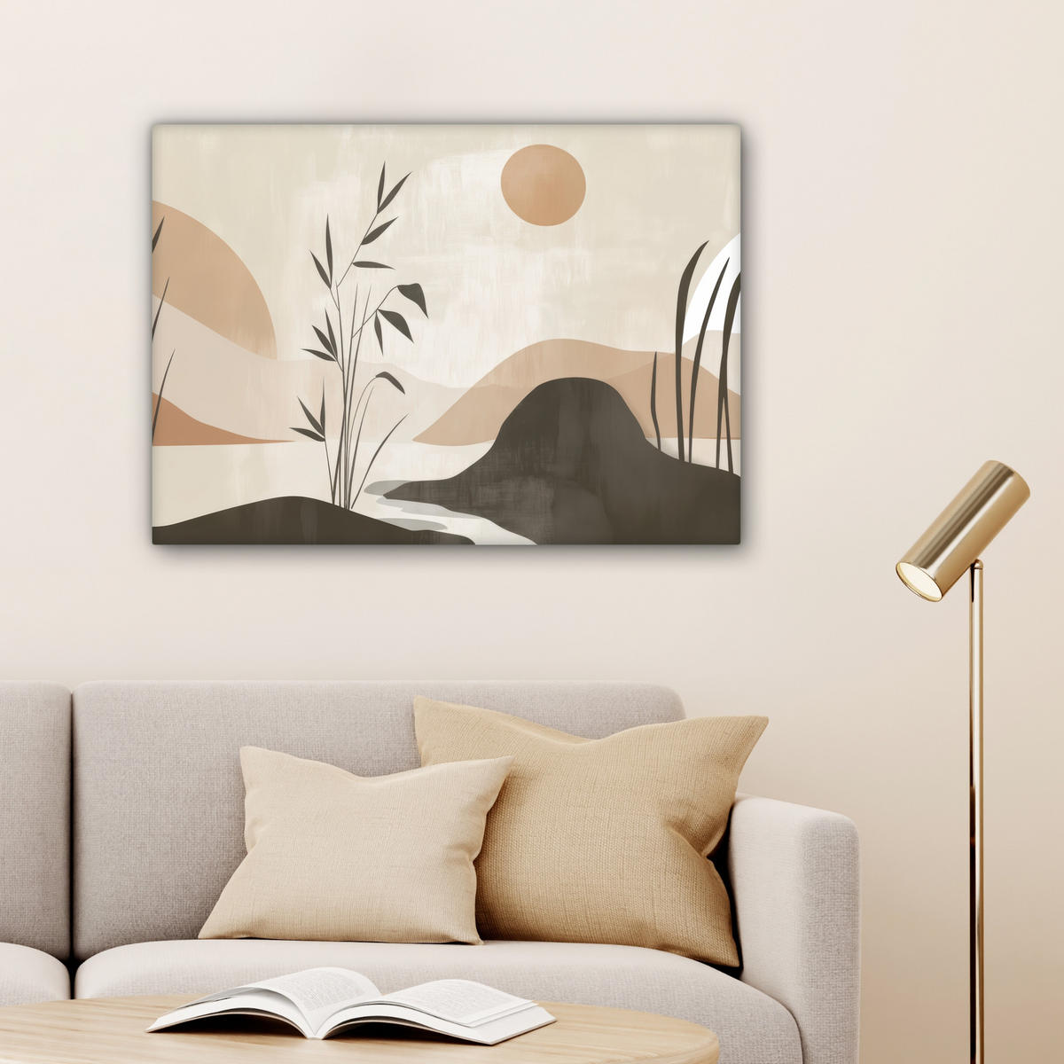 LEINWANDBILD Japandi - Landschaft - Beige Wandbilder 80x60 cm - Cognac, Textil (80/60cm) - MuchoWow