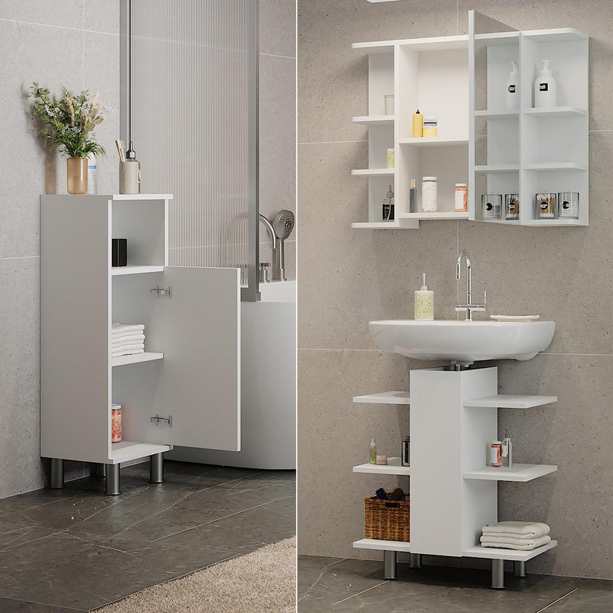 BADMÖBEL-SET Fynn Weiß 3 Teile, mit Midischrank - Weiß, Holzwerkstoff (79.6/95/36.6cm) - Vicco