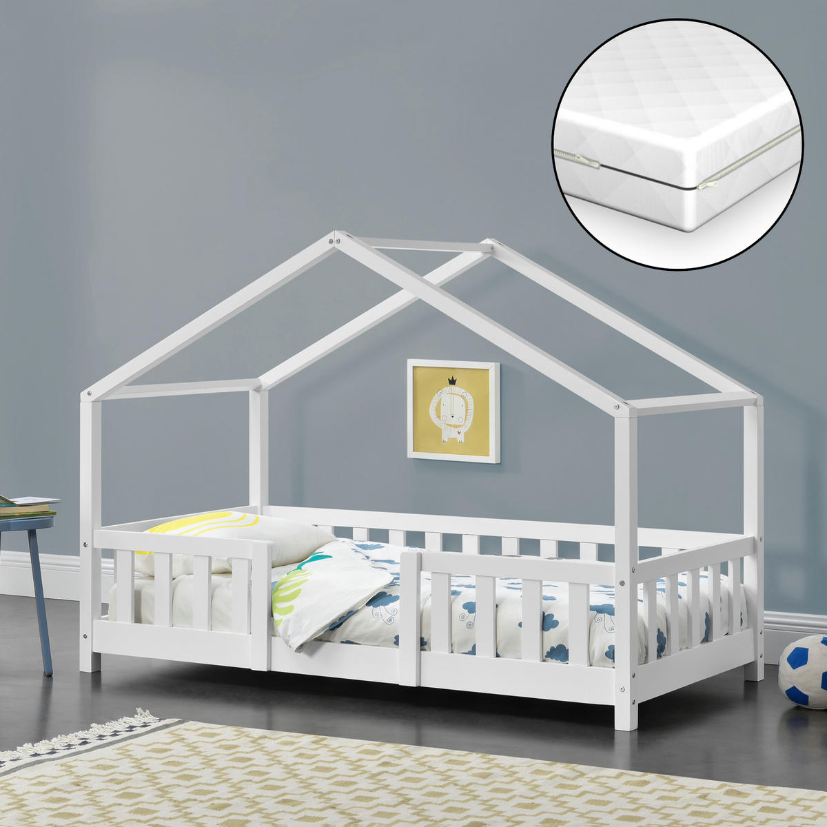 HAUSBETT Treviolo mit Matratze - Weiß, Holz/Textil (70/140cm) - [en.casa]