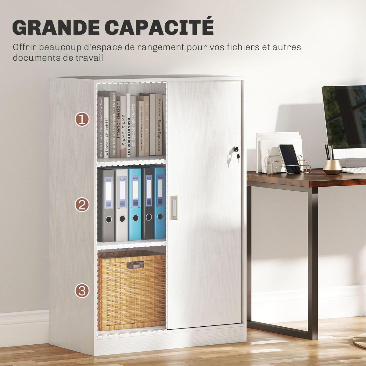 AKTENSCHRANK DE-14424 2 Schiebetüren abschließbar, 2 Böden Weiß - Weiß, Holzwerkstoff (40/120/80cm) - ComfortXL