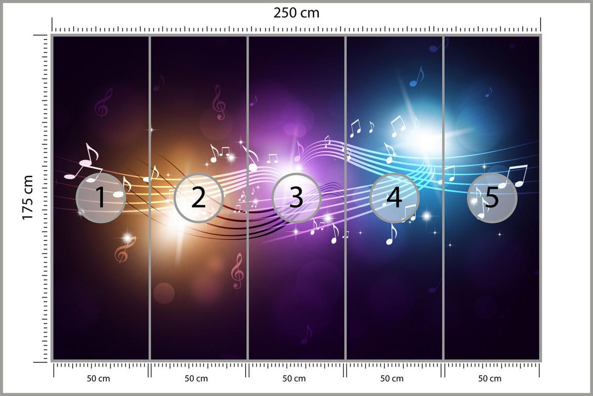 FOTOTAPETE für Jugendzimmer Noten Buntes Hintergrund Musik 250x175 - Blau/Gelb, Papier (250/175cm) - Muralo