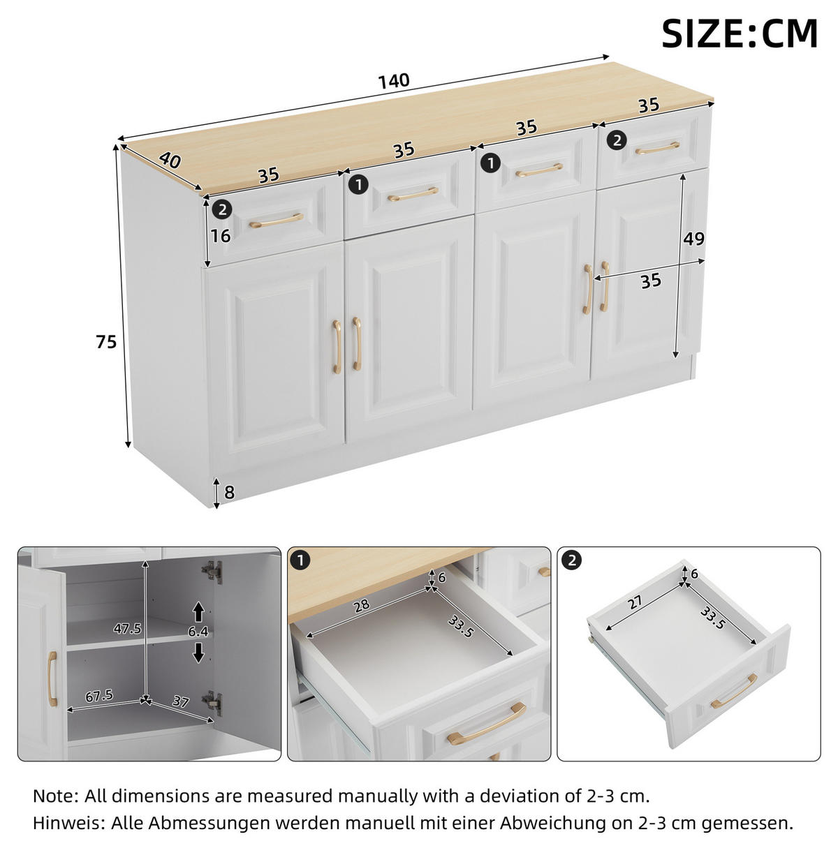 SIDEBOARD 140/40/75 cm weiß/eichefarben aus Spanplatte mit 4 Schubladen und 4 Türen - Weiß, Holzwerkstoff (140/75/40cm) - OKWISH