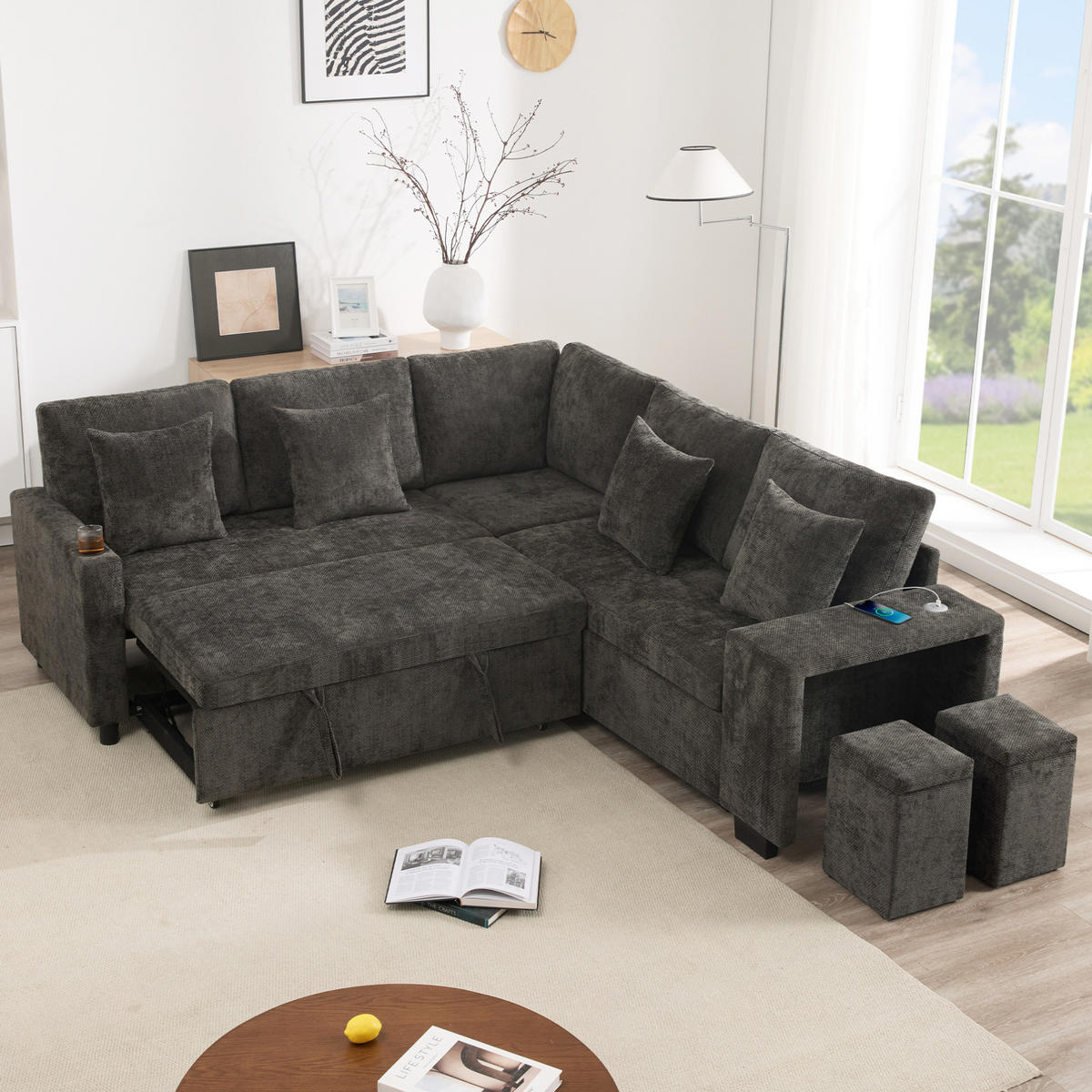 ECKSOFA 220/205/86,5 cm grau Chenille mit Schlaffunktion und Stauraum - Grau, Textil (205/220cm) - OKWISH